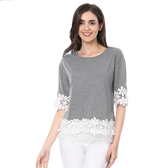 Allegra K Tops - Lace Trim Crew Neck Blouse